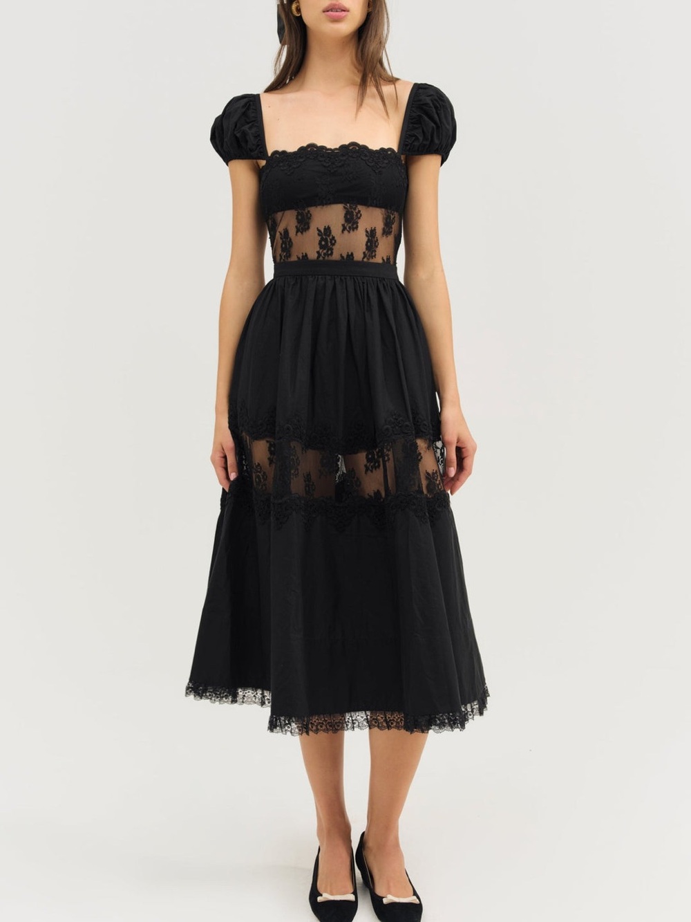 $349 NWT For Love And Lemons “Liya” Lace Midi Dress in Black Sz Small